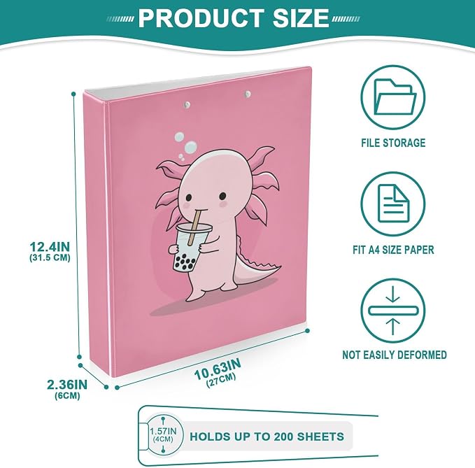 Funny Animal Cute Pink Axolotl Binder 3 Ring 1.5 Inch Binder with Clipboard&Pockets, Hardcover Binders Heavy Duty Large File Folder for Office School Supplies - Holds 200 Sheets, 2 PC