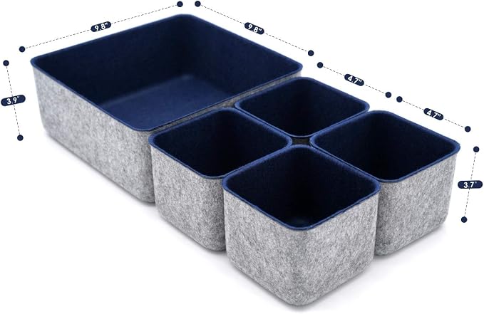 Desk Drawer Organizers Storage bins Set Home Office Pen holder pencil phone stand Remote controler Closet Cabinet boxes Organizing 5-piece gifts ideas (Navy)
