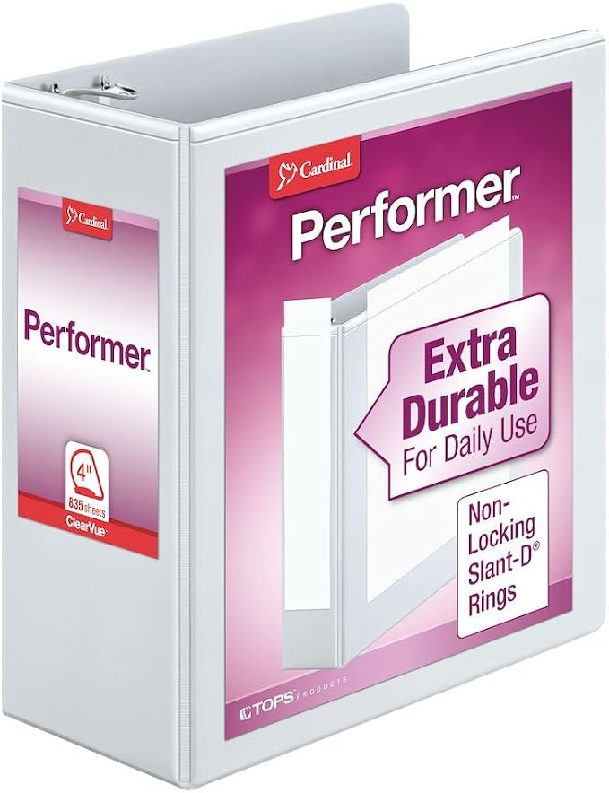 Cardinal Performer 3-Ring Binder, 4", Non-Locking Slant-D Rings, 835-Sheet Capacity, ClearVue Presentation Binder, Nonstick, PVC-Free, White (17810)