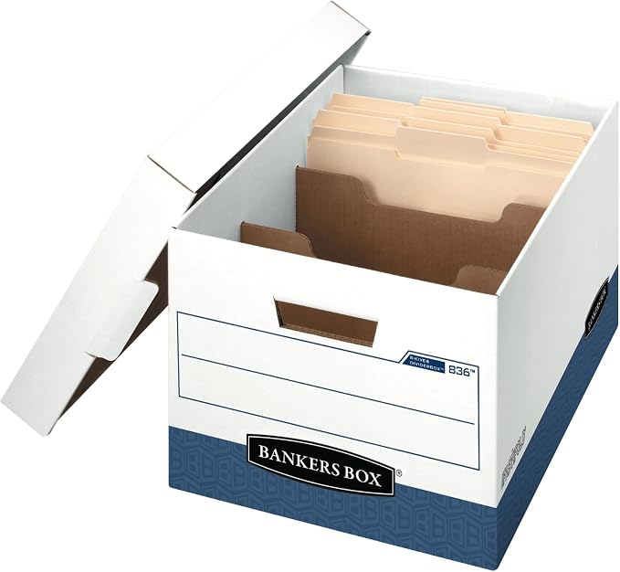 Bankers Box 12 Pack R-Kive DIVIDERBOX Heavy-Duty File Storage Boxes with Dividers, FastFold, Lift-Off Lid, Letter, White/Blue