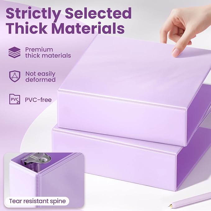 SUNEE 3 Ring Binder 3 Inch D Ring, Clear View Binder Three Ring PVC-Free (Fit 8.5x11 Inches) for School or Office Supplies, Light Purple, 1 Pack