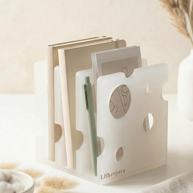 Acrylic 3 Section Magazine Vertical File Holder Organizer Book Holder Storage Box For Home And Office Cheese Shape Desktop Decorative Book Stand