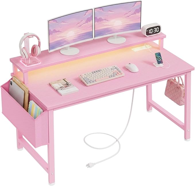 Lufeiya Girls Desk with Power Outlets and LED Lights, 40 Inch Gaming Desk Table with Charging Station, Home Office Computer Desks with Monitor, Pink