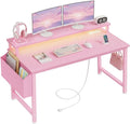 Lufeiya Girls Desk with Power Outlets and LED Lights, 40 Inch Gaming Desk Table with Charging Station, Home Office Computer Desks with Monitor, Pink