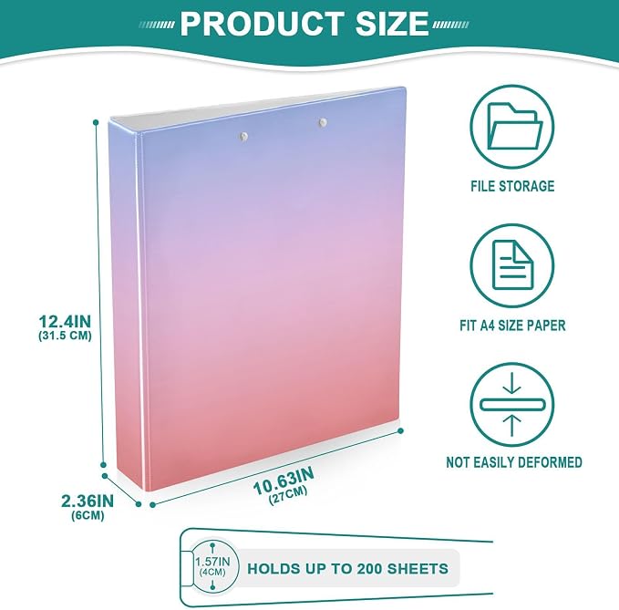 Round Rings Binder 1 and A Half Inch Binder with Pocket Cover Pack of 1/2 School Binder Hardcover Pink Purple Gradient