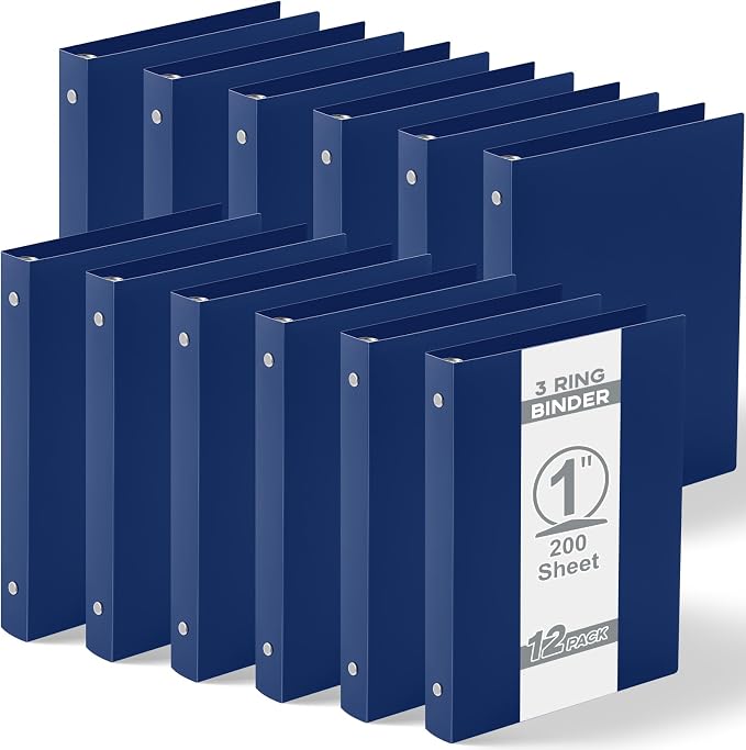 Henoyso 12 Pcs 1 Inch Mini 3 Ring Binders Fits 5.5" x 8.5" Paper, Holds(Capacity 240 Sheets), Plastic Flexible Three Round Rings Small Navy Blue A5 Binders Bulk for School, Office Use, Photo Album