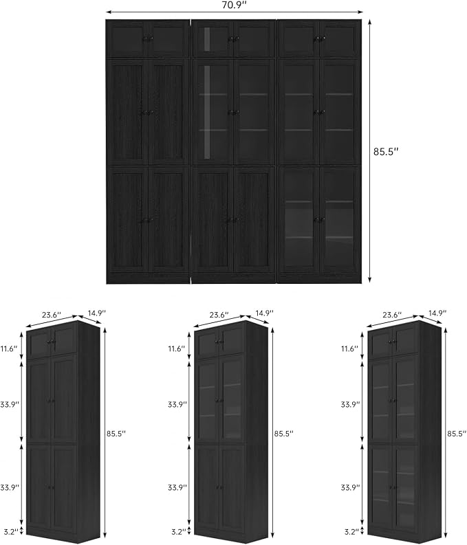 TUSY 85.5" Modern Tall Bookcase with Glass Doors, 7-Tier Wood Bookshelf with Storage for Home Office, Large Curio Cabinet for Living Room, Office, Bedroom, Family Room (Black, BCB)