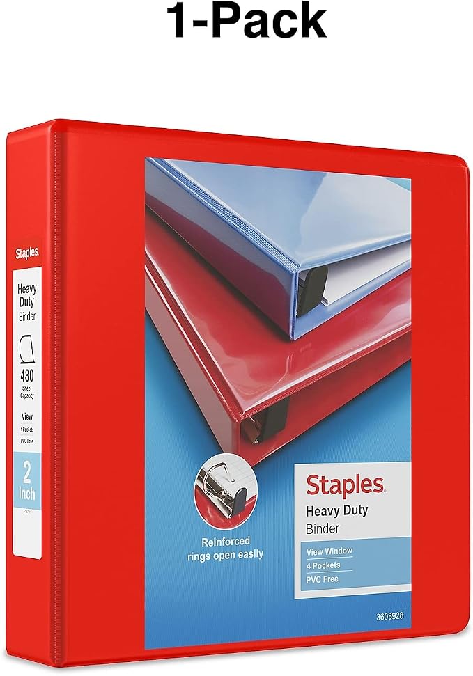 Staples Heavy-Duty 2-Inch D-Ring View Binder, Reinforced Spine, Holds Up to 450 Sheets, Red, for Office & School