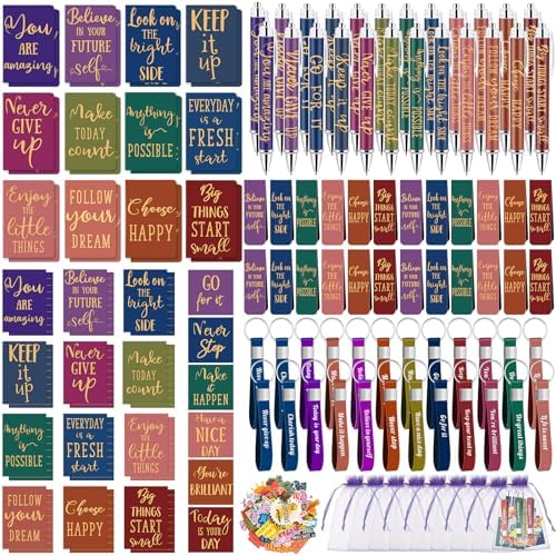 Pasimy 218 Pcs Inspirational Stationery Gifts Motivational Mini Notepad Pen Quote Bookmarks Stress Relief Stickers Inspiring Silicone Keychains for Home Office Appreciation Gift(Bright)