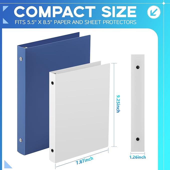 Henoyso 1 Inch 6 Pack Mini 3 Ring Binders for 5.5"x8.5" Paper,White | Holds 200 Sheets, Plastic Small Binders, Round Three Rings, Flexible PP Covers, School Office, Photo Album Planner Journal