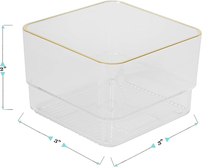 Martha Stewart Kerry Stackable Desk Drawer Organizers, Clear/Gold, 12-Pack | 3x3 in Organizers, Gold Trim, Stackable