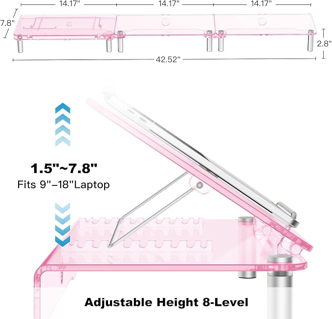 Pink Acrylic Dual Monitor Stand Riser,Laptop Riser Adjustable to 8 Angles | Double Computer monitor riser for desk for 2 Monitors,Desktop organizer Stand for Laptop,PC,Printer,TV，Cute Desk Accessories