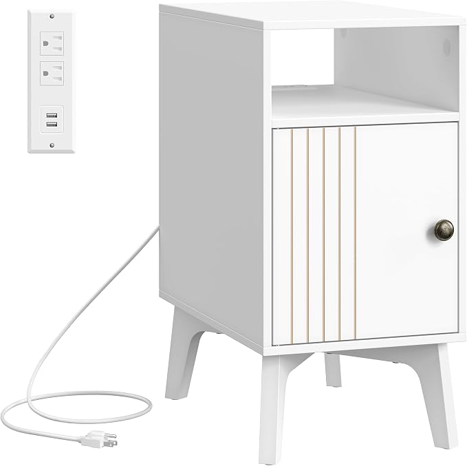 VASAGLE End Table with Charging Station, Narrow Side Table, Nightstand | Tapered Legs, Curved Transitions, for Small Spaces, Living Room, Bedroom, Cloud White, MAEZO Collection ULET329W101S
