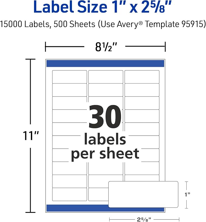 Avery Printable Address Labels with Sure Feed, 1" x 2-5/8" Customizable Stickers, White, 15,000 Blank Mailing Labels for Laser Printers, Great for Mailing, Shipping, and More (95915)