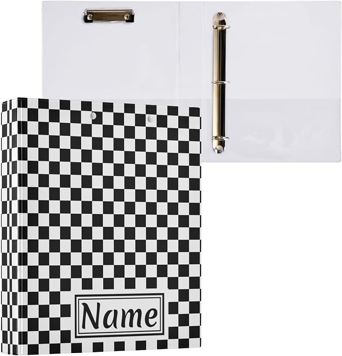 Custom 3 Ring Binder Black White Checkered Pattern 1.5" Round Ring Binders Personalized Name View Binder with 200 Sheet for Women Men Office Kids School Supplies, 1 Pack