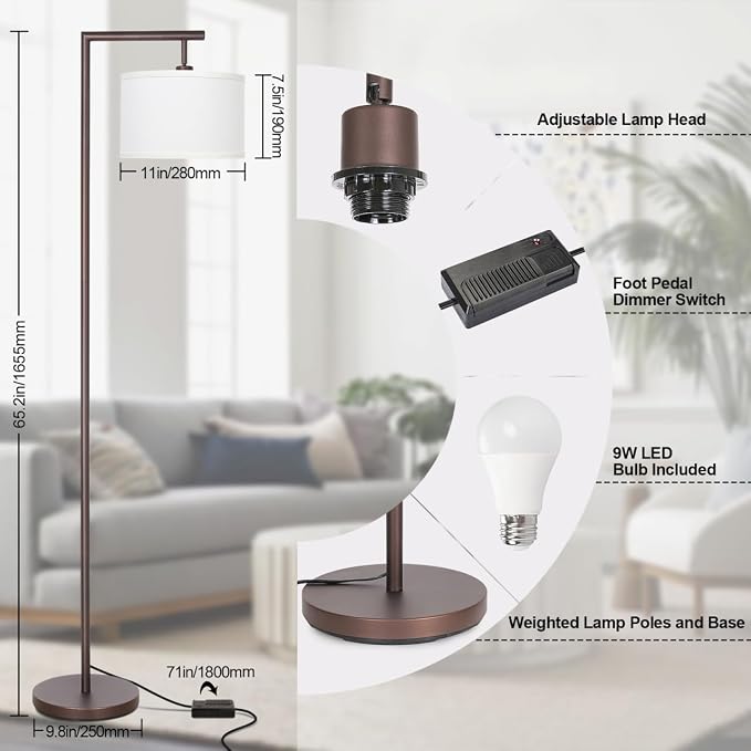 Fully Dimmable Floor Lamp Brown, Arc Floor Lamp for Bedroom with Adjustable Hanging Shade & Foot Switch, Modern Standing Lamp Corner Light Reading Lamp for Living Room, Office, LED Bulb Included
