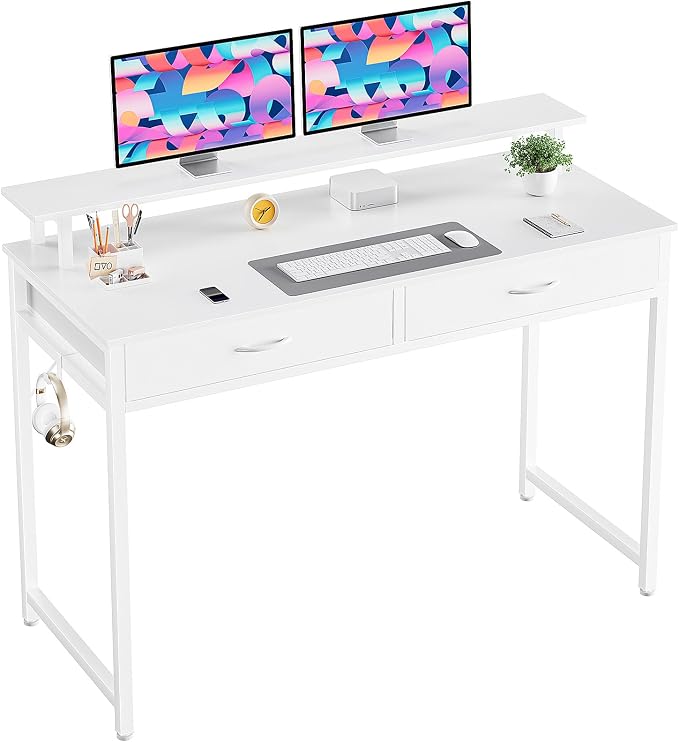 DUMOS 40-Inch Computer Desk with Drawers and Monitor Stand, White | Small Writing Desk for Home Office with Headphone Hook, Compact Study Table for Bedroom