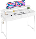DUMOS 40-Inch Computer Desk with Drawers and Monitor Stand, White | Small Writing Desk for Home Office with Headphone Hook, Compact Study Table for Bedroom