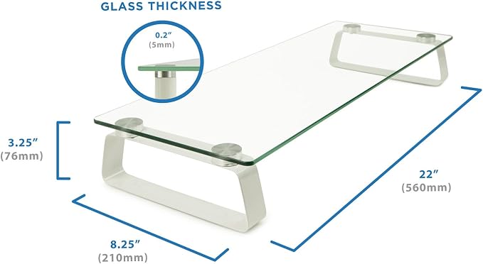 Mount-It! Glass Monitor & Laptop Riser Stand, 22", 44 lbs | Clear flat screen display stand with desktop shelf and organizer, glass and aluminum construction.