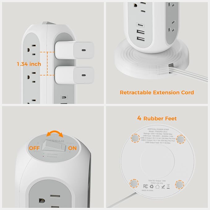 TESSAN Tower Power Strip Flat Plug with 1050J Surge Protection, 5 Ft, Grey | 11 Outlets 3 USB (1 USB C), Surge Protector Power Tower, Retractable Extension Cord with Multiple Outlets for Dorm, Office