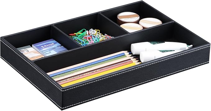 Pu Leather Desk Organizer Tray, 4 Compartment Office Storage Supplies Stationery Drawer Tray, Nightstand Bedside Tray for Key, Wallet, Sunglass, Watch, Coin, Phone Valet Tray Stackable Black