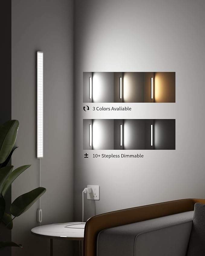 ASOKO 24 Inch Under Counter Light 3 Colors Dimmable Desk Lamp | ASOKO 24" Under Cabinet LED Light Strip, 3 Colors Dimmable Plug in Desk Counter Light with Memory, Kitchen