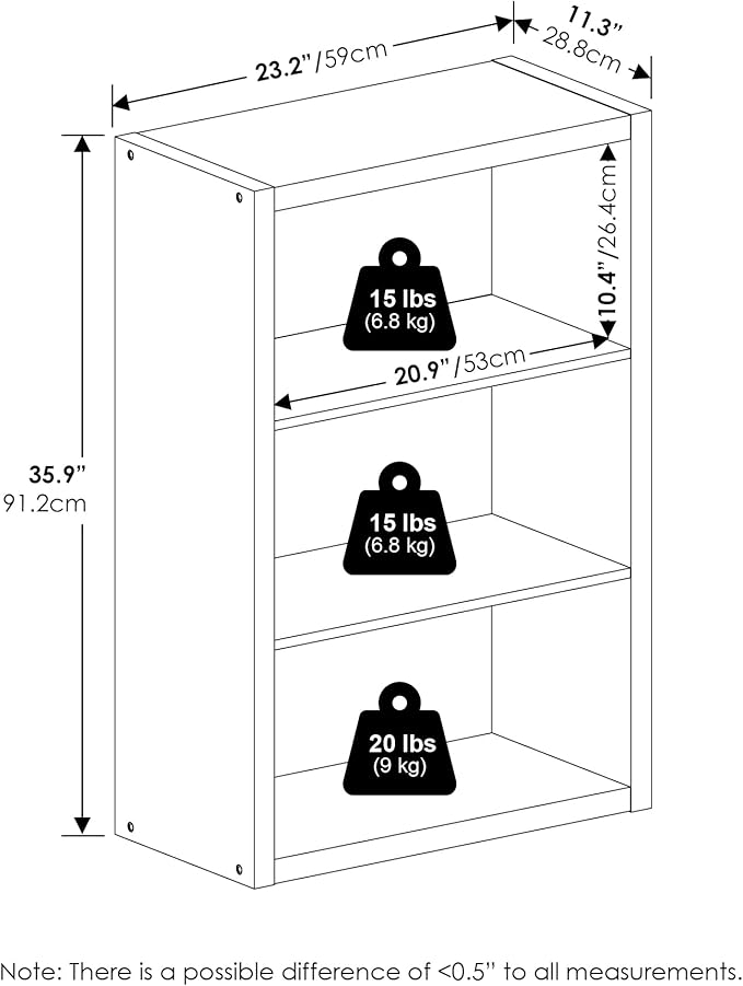 Furinno Viola Book Shelf, 3-Tier Bookshelf, Extra Thick Frame Bookcase with Open Shelf, Open Back Design, 11.3" x 23.2" x 35.9", for Living Room, Bedroom, Home Office, White