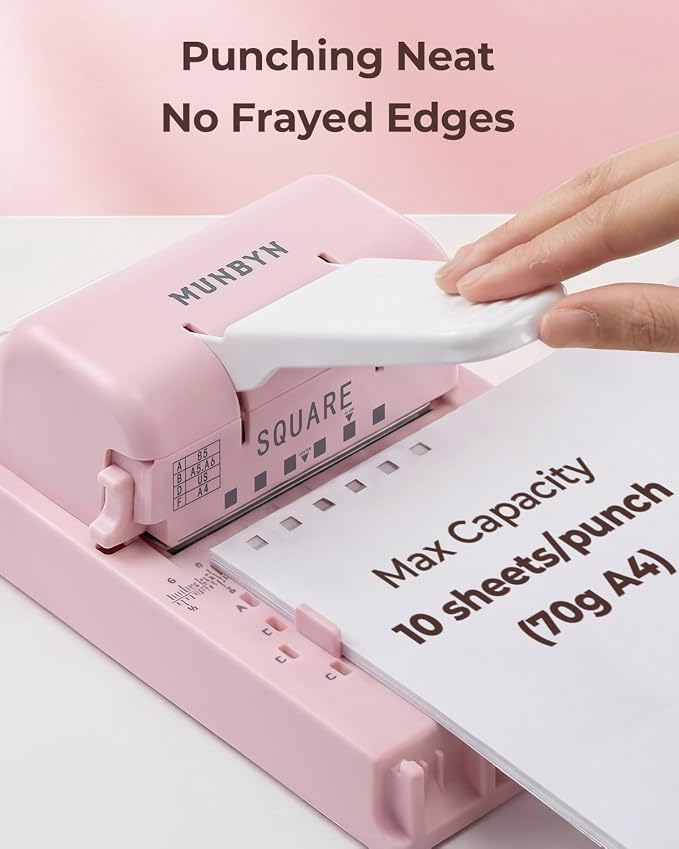 MUNBYN Multi Binding Machine with 2 Detachable Heads(Disc & Square), Pink | DIY Small Book Binder for Notebooks, Calendars, Albums, Journals at Home, School, Office