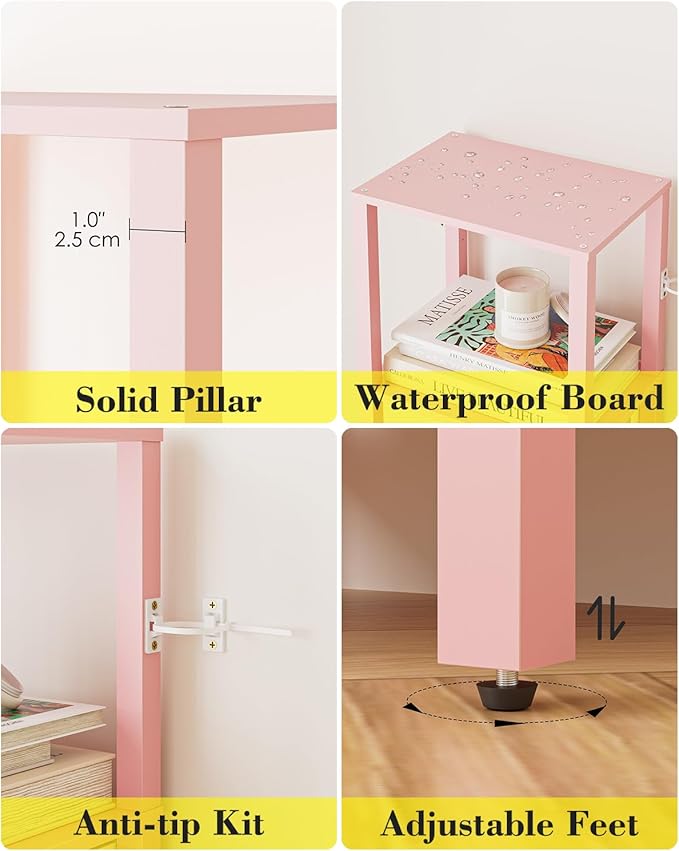 Open Book Shelf with LED Lights, 6 Tier Tall Bookshelf, Freestanding Shelf Narrow Bookcase with Open Shelves, 14.57" x 10.63" x 65.83", Book Shelves for Living Room, Office, Study, Pink