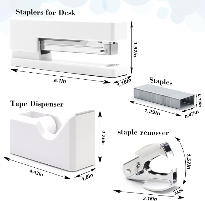 White Office Supplies Set,Desk Accessories Stapler and Tape Dispenser 10PCS | Office Supplies for Women Students， Stapler and Tape Dispenser Set，Sturdy and Durable;Wide Application for Office,Classroom