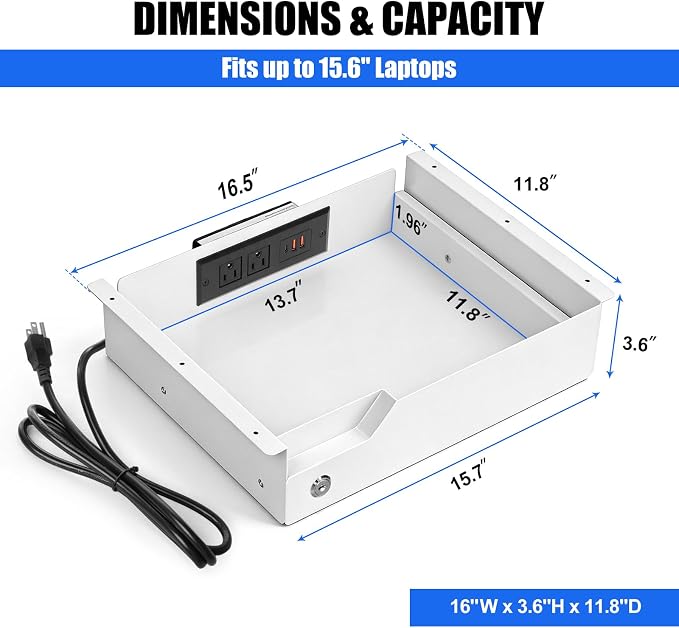 Under Desk Drawer Storage with Lock, Metal Undermount Table Drawer, Ball Bearing Slides Out Tray Organizer for Paper, Pencil, and Laptop,16"x11.8"x3.6", White With Power Strip