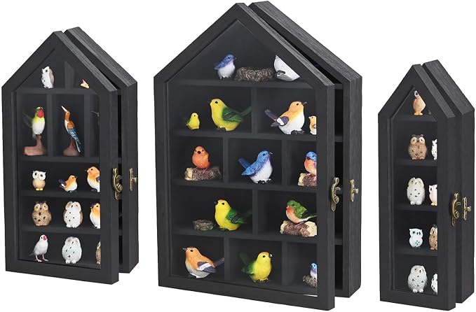 Ikee Design 3-Pc Wall-Mounted Wooden Display Case with Glass Doors | Shadow Cubby Box Display Shelf Wall-Mounted with Door Storage Display Case for Collectibles, Trinkets, Mini Figures, Black