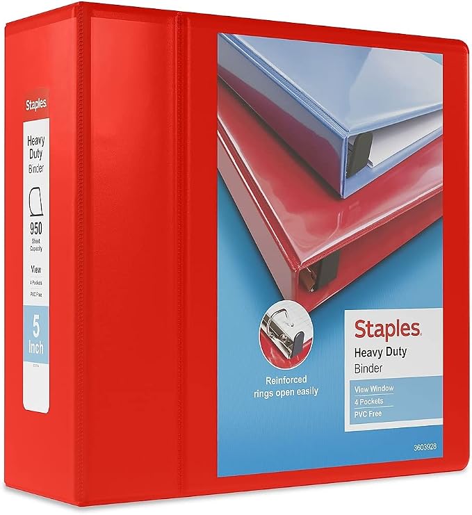 Staples Heavy-Duty 5-Inch D-Ring View Binder, Red, 1,000 Sheets | Extra-large capacity for office archiving and bulk document storage.