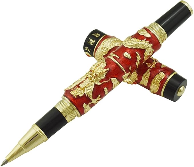 Jinhao Double Dragon Rollerball Pen Red Cloisonne Enamel Handcraft for Signature and Collection