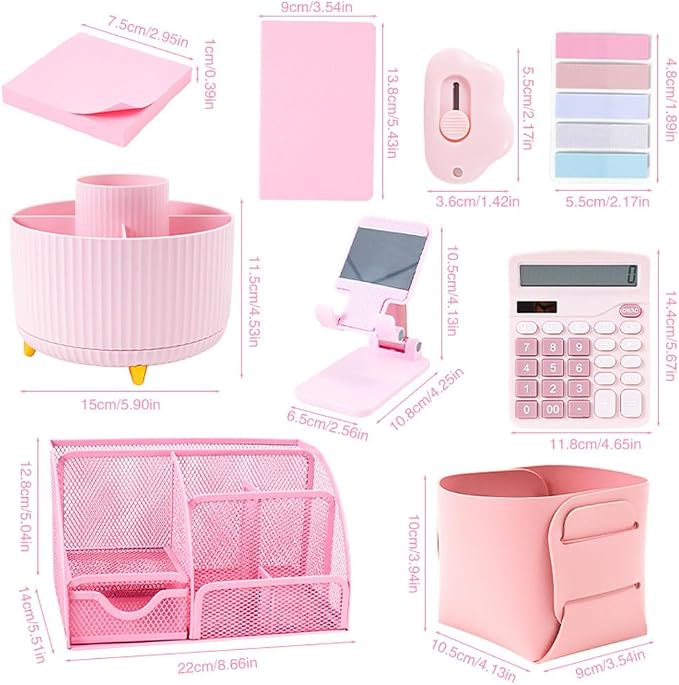 Gawsey Desk Organizers and Accessories with Desk Organizer 360° Rotating Pen Holder and Office Supplies, Cute Stationery Supplies Set (Pink)