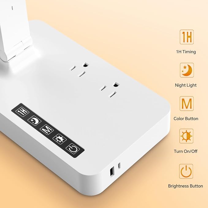 Desk Lamp with USB Charging Port: Power Strip with Surge Protection - 1 Type-C, 1 USB-A Charging Port, 2 AC Power Outlets, Desk Lamps for Home Office College Dorm Room Essentials