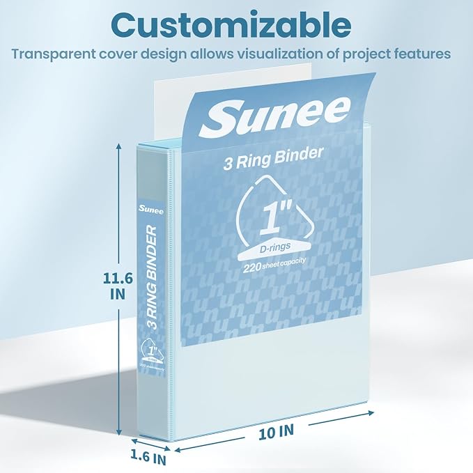 SUNEE 3 Ring Binder 1 Inch D Ring, Clear View Binder Three Ring PVC-Free (Fit 8.5x11 Inches) for School or Office Supplies, Pastel Blue, 1 Pack
