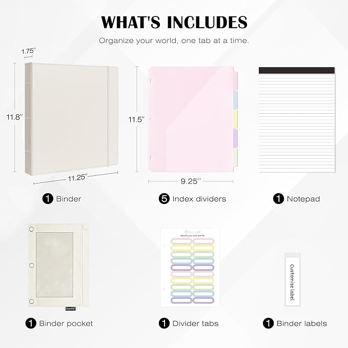 Ospelelf Leather 3 Ring Binder for Letter Size Documents with Pocketed Dividers, 1 Inch Round Rings, Holds 175 Sheets, Binders with Storage Bag & Notepad, for Office School Home Organization, White