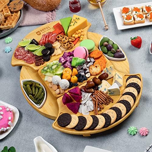 ROYAL CRAFT WOOD Large Round Cheese Board and Knife Set - Charcuterie Board, Bamboo Cheese Board Set, Cheese Tray Set, Wooden Cheese Plate Set 13.7 Inch