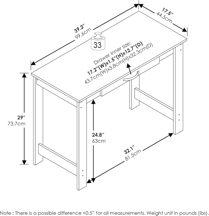 Furinno Jaya Writing Desk with Drawer, White | Computer Desk with H-legs, Writing Desk, Office Desk for Home Office, Study Room, Dorm, Bedroom
