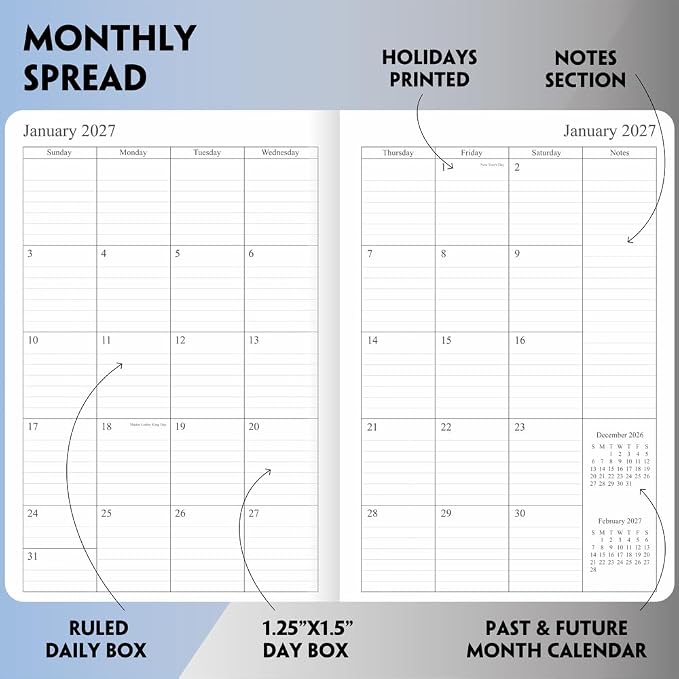 2026-2027 Planner - Weekly and Monthly Planner, Oct 2026 - Dec 2027, Holidays, Contacts and Notes Pages, Vegan Leather Cover, Elastic Closure, 5.5”x8.25”, Teal