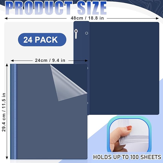 Teling 24 Pcs Clear Front Report Covers with 3 Prongs Fasteners Plastic Presentation Folders Resume Portfolio Report for Letter Size Binder for Paper Document School Office(Navy Blue)