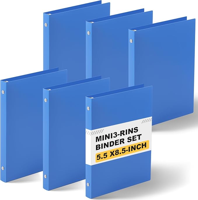 Henoyso 0.5 Inch 6 Pack Mini 3 Ring Binders for 5.5"x8.5" Paper,Blue | Holds 100 Sheets, Plastic Small Binders, Round Three Rings, Flexible PP Covers, School Office, Photo Album Planner Journal