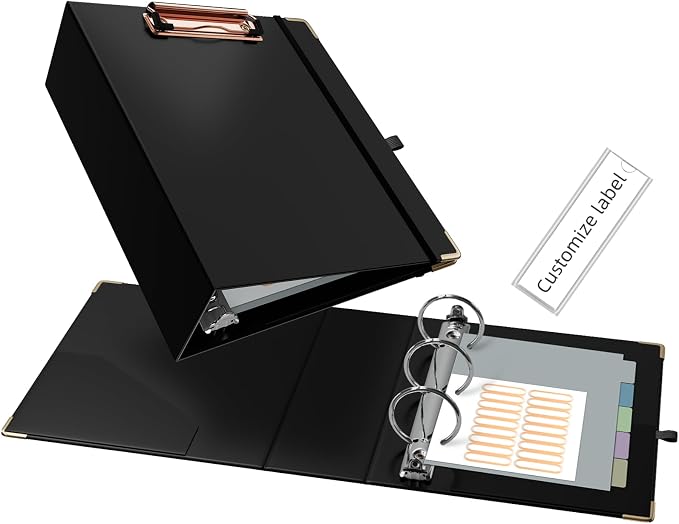 Ospelelf Mini 3 Ring Binder 2 Inch With 5 Tab Dividers, File Folder Labels and Low Profile Clipboards - Cute Black for 5.5" x 8.5" School and Office Supplies