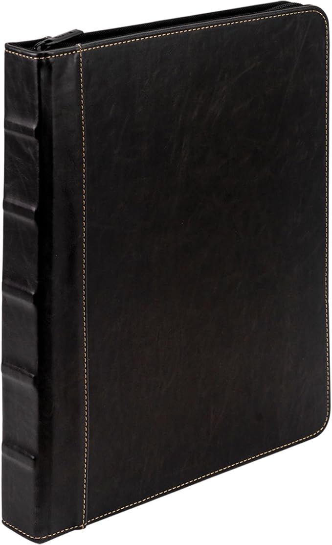 Samsill Vintage Leather Binder, Zippered, 1 Inch Round Ring, Letter Size 8.5x11 Documents, Contrast Stitching, Professional Organizer Portfolio, Planner, Black