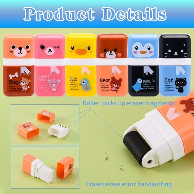 Sooez 12 Pack Pencil Erasers, Cute Erasers Pencil Eraser with Clean up Roller Pencil Eraser Shaving Roller Case Erasers for Party Favors Gift Supplies