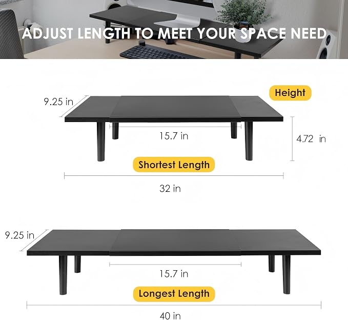 Across-Star Dual-Monitor-Stand-Riser-For-Desk Adjustable Length 32-40 Inch，Large Desktop Computer Monitor Riser For 2 Screens，Desk Shelf Organizer Riser Stand For Computer/Laptop/PC/Printer/TV Black