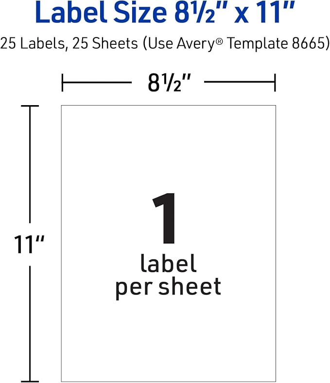 Avery Full Sheet Printable Shipping Labels, 8.5" x 11", Matte Clear, Inkjet, Create Custom Labels Using Scissors or Electronic Cutting Machines, 125 Total (5 Packs of 8665)