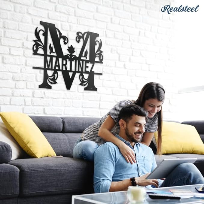 RealSteel Personalized Metal Monogram Sign - Family Last Name - Welcome - Indoor/Outdoor (12" Black)