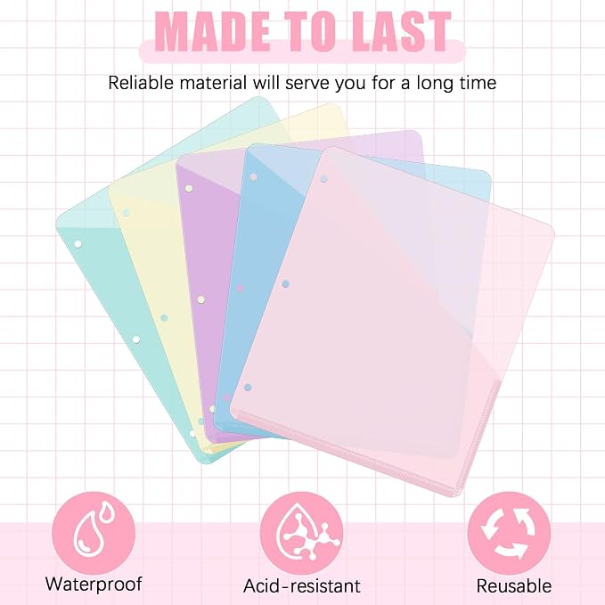 Maitys 50 Pack Binder Pockets 3 Ring, Letter Size 8.5x11,Macaron Color | Clear Plastic Document Sleeves, Sheet Protectors with Slash Jacket, Fits Standard 3 Hole Binders, Organize Office Papers
